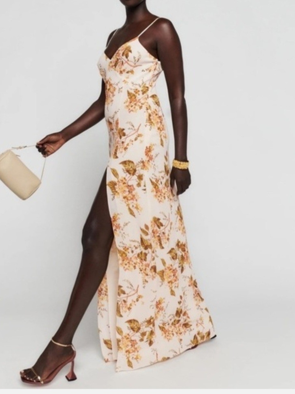 Reformation Cream Floral Slip Maxi Dress with Side Slit
